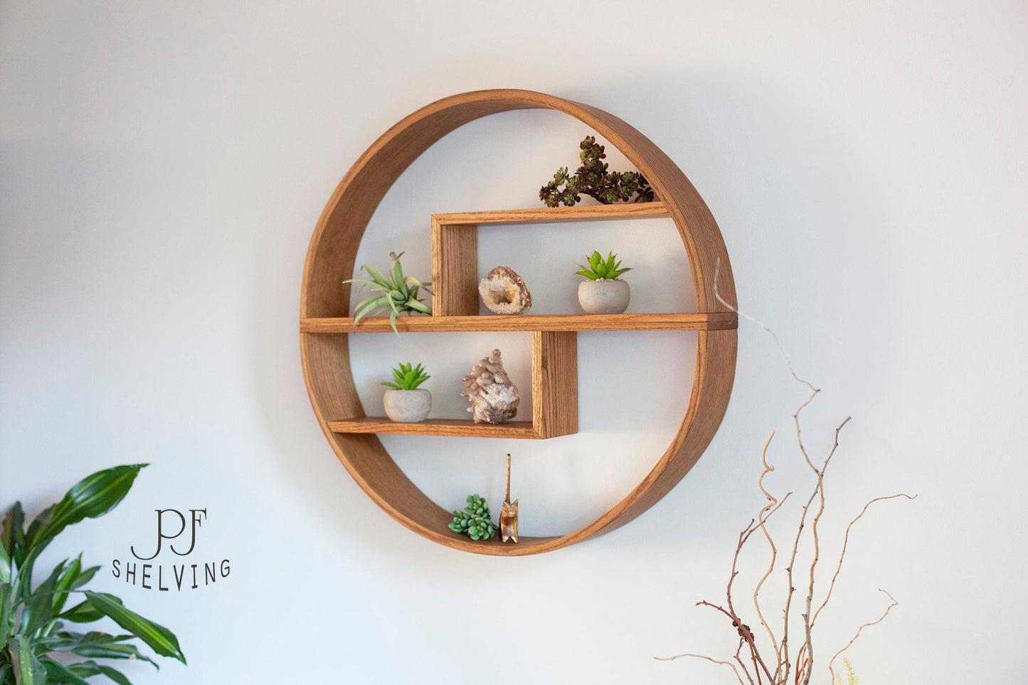 Red Oak Circle Shelf: Modern Floating Wall Display