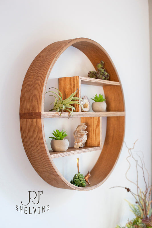 Red Oak Circle Shelf: Modern Floating Wall Display