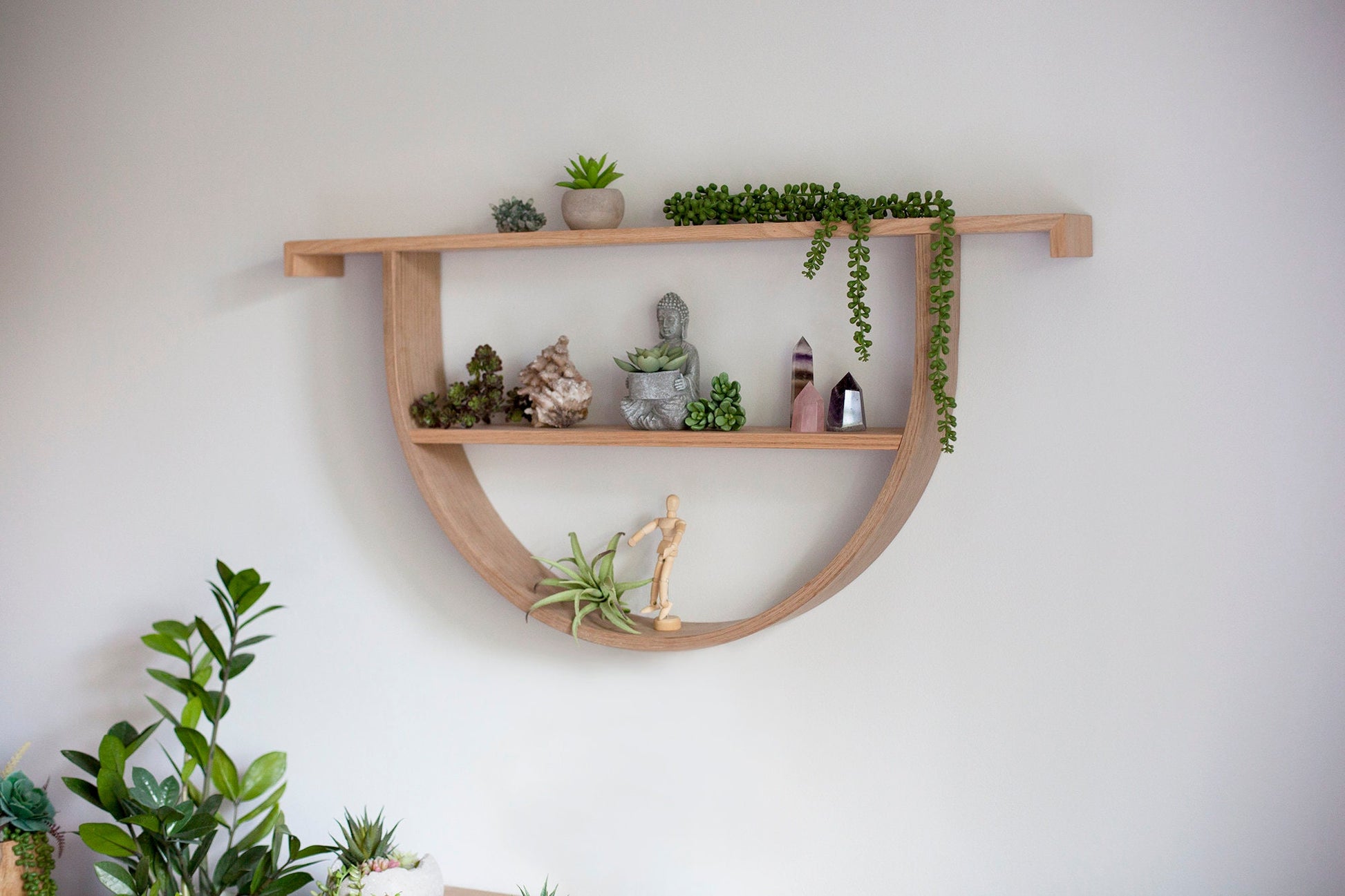 Omega Crystal Shelf: Modern Wood Floating Altar Shelf