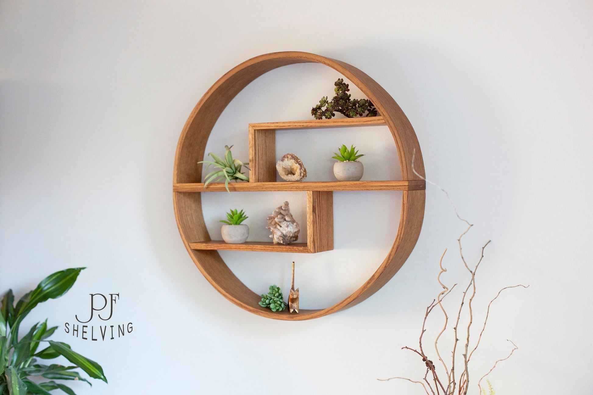 Red Oak Circle Shelf: Modern Floating Wall Display
