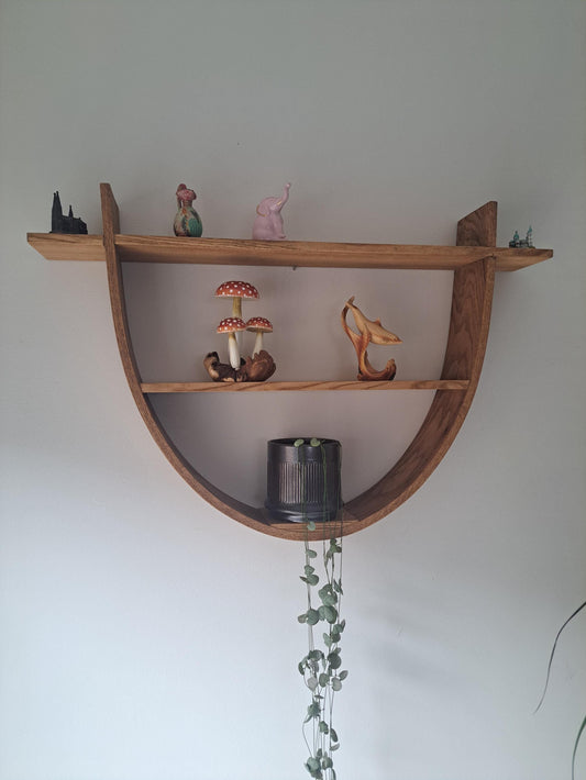 Red Oak Parabolica Floating Shelf: Modern Altar Essential Oil Display